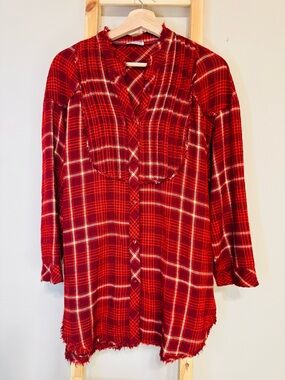 Red Plaid Tunic Top - Women’s Cozy Button-Up